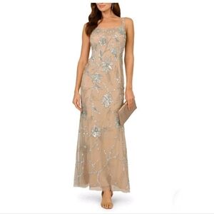 ADRIANNA Papell Blue Floral Sequins/Beads Floor Length Mermaid Sleeveless Gown